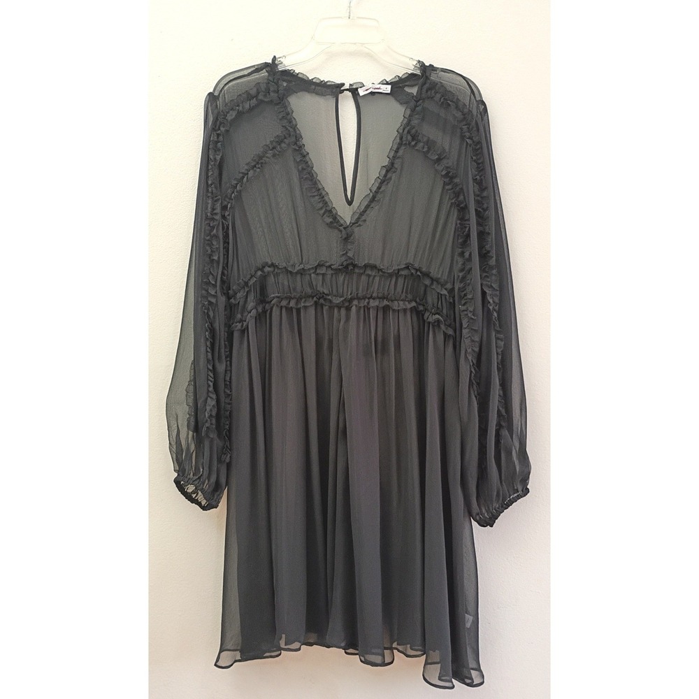 Sheer Black Chiffon Silk Babydoll Mini Dress V-Neck Long Sleeve Size 4 Cover Up‎